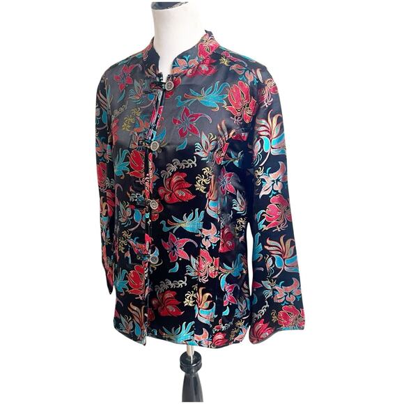 Chico’s Asian Inspired Brocade Jacket Mandarin Collar Silk Blend Size 3/Large - Picture 2 of 9